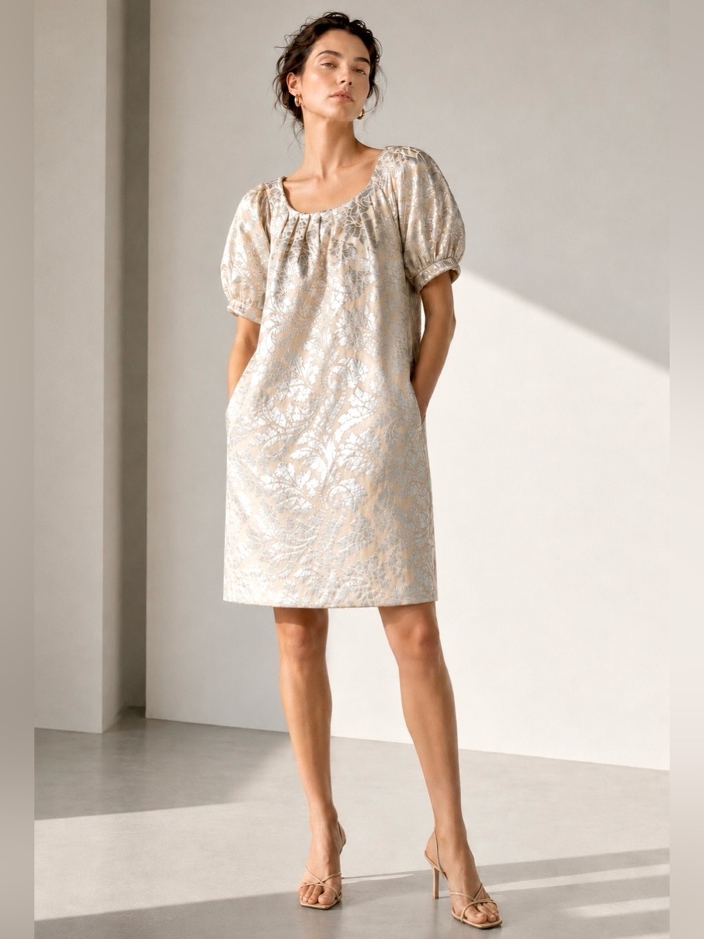 Tibi Metallic Silver Jacquard Shift Dress Puff Sleeve Size 4